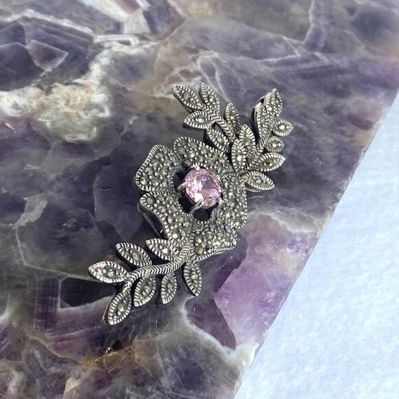 VTG Sterling Silver 925 Marcasite & Round Pink CZ Flower Leaf Foliage Brooch - Picture 4 of 16
